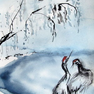 Winter Cranes - Watercolor - 9x16 in.