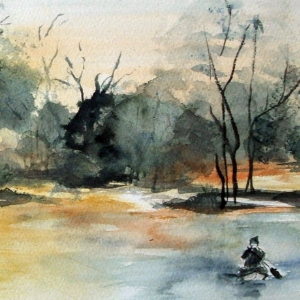 On the River - Watercolor - 20x10 in.